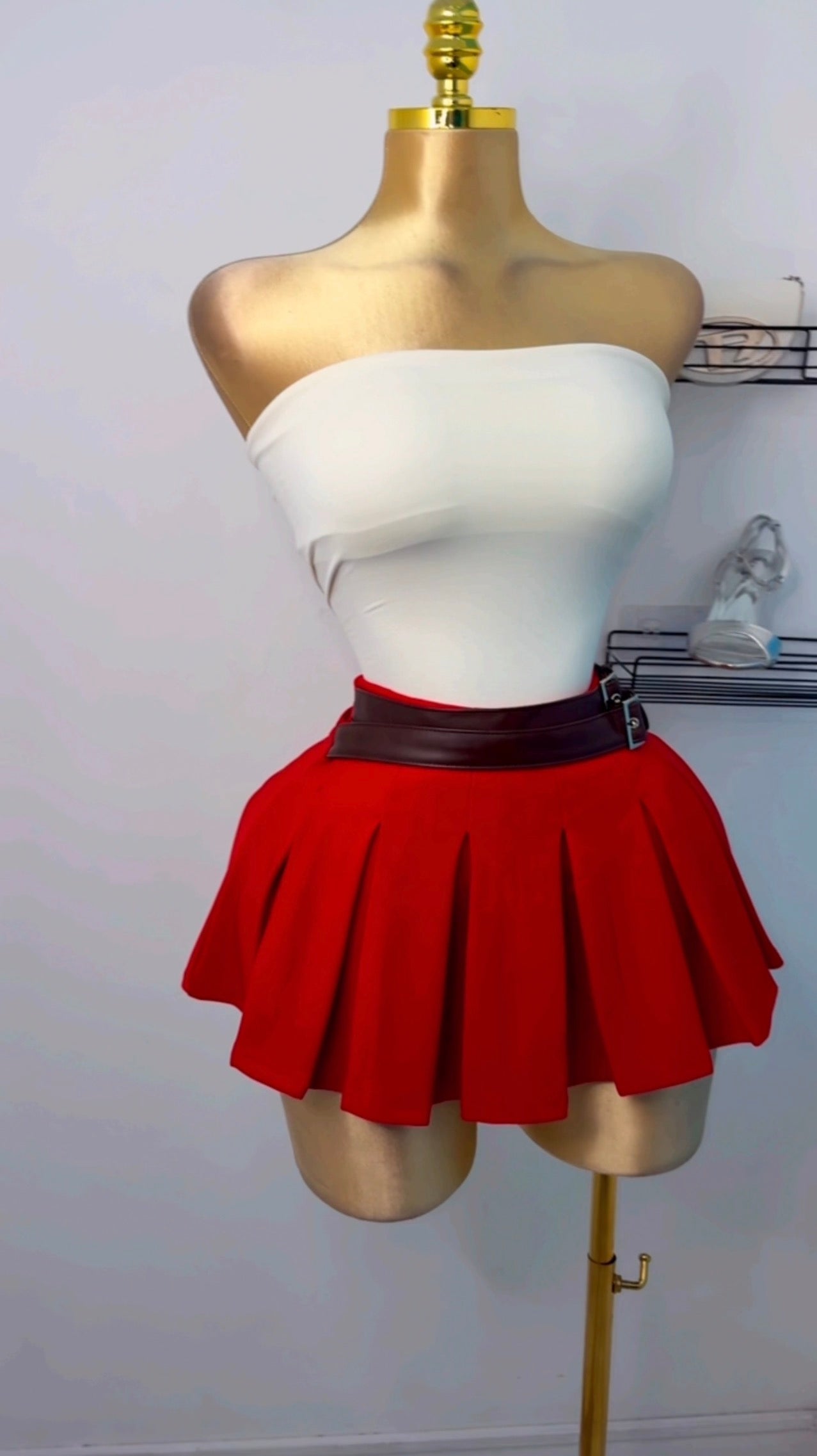 Scarlet Pleated Mini Skirt with Buckle